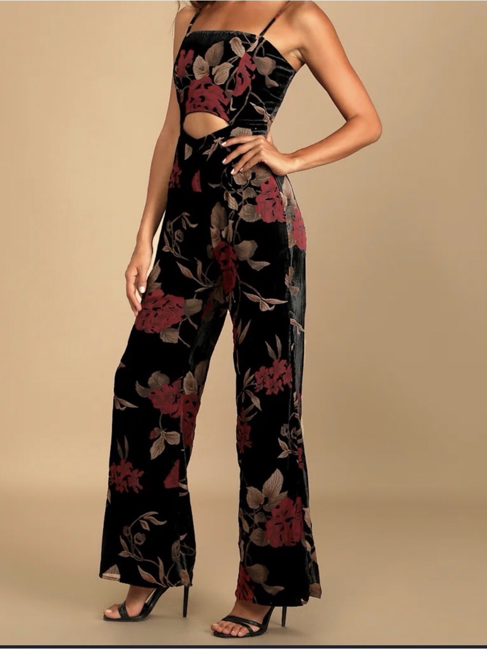 Floral Lulus Wide-Leg Jumpsuit with Cutout - Black & Red - Small NWT
